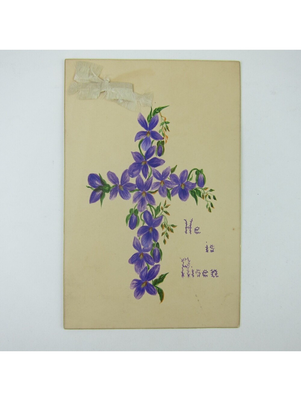 Victorian Greeting Card Easter Purple Flowers Christian Cross Ribbon Gold Edge